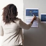 Photo of a Woman with Curly Hair Pointing at a Paper with a Graph